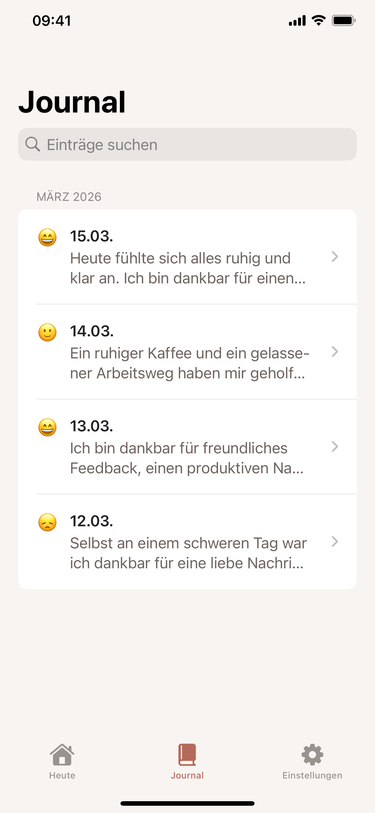 Journalomat App – Journal-Ansicht mit Verlauf