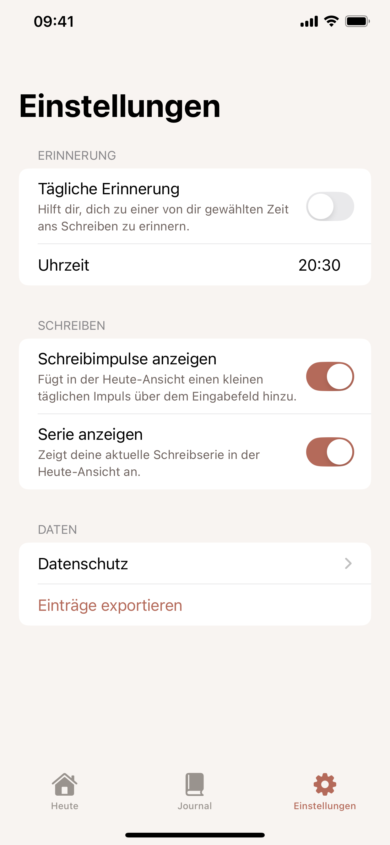 Journalomat App – Einstellungen für Erinnerung, Datenschutz und Export
